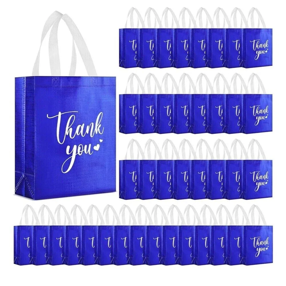 50pack Thank You Gift Bags with Handles Bulk Thank You Royal Blue, 10 x 8 x 4 In
